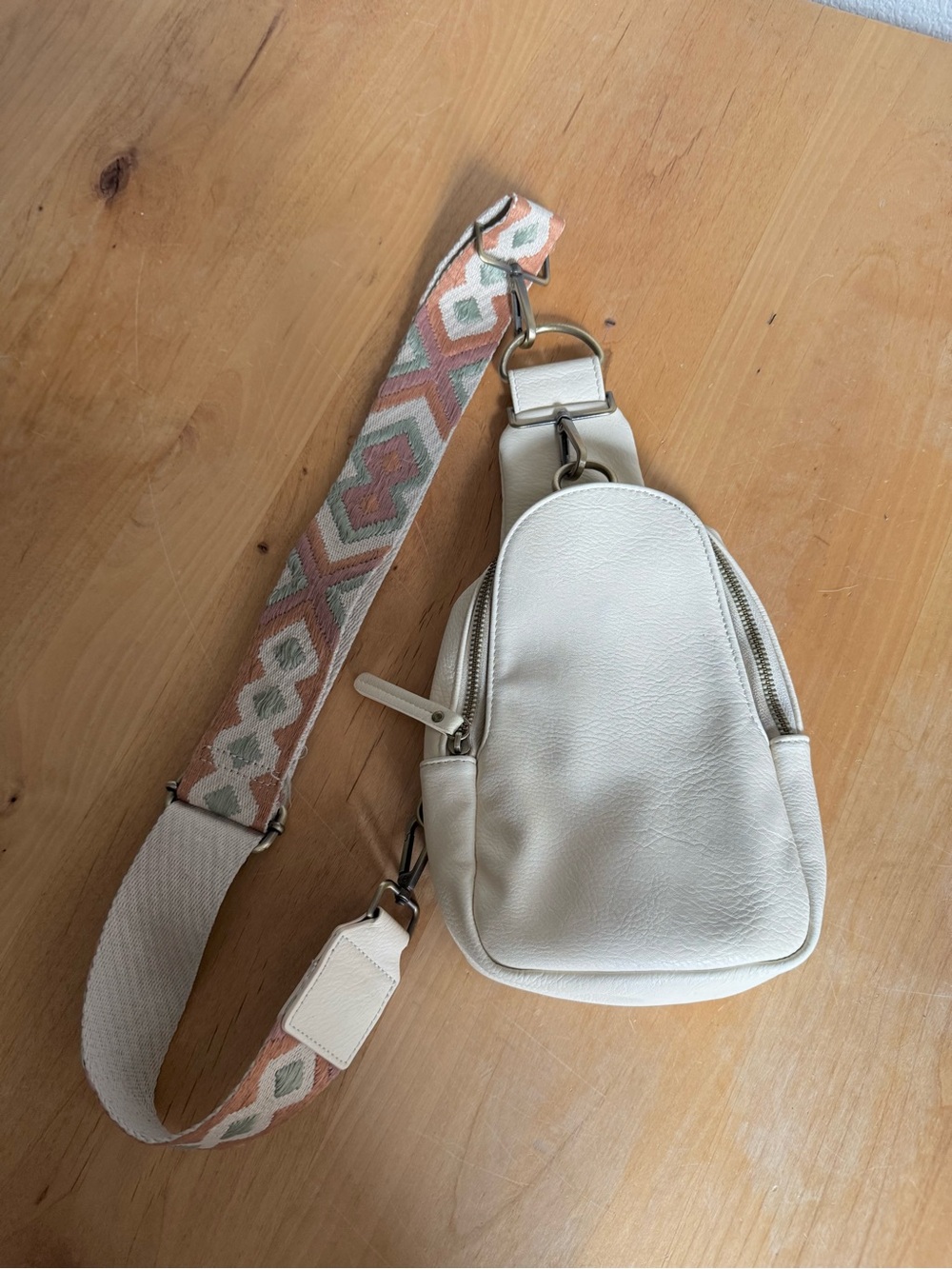 Anthropologie Cream Leather Crossbody Sling Bag with Patterned Strap